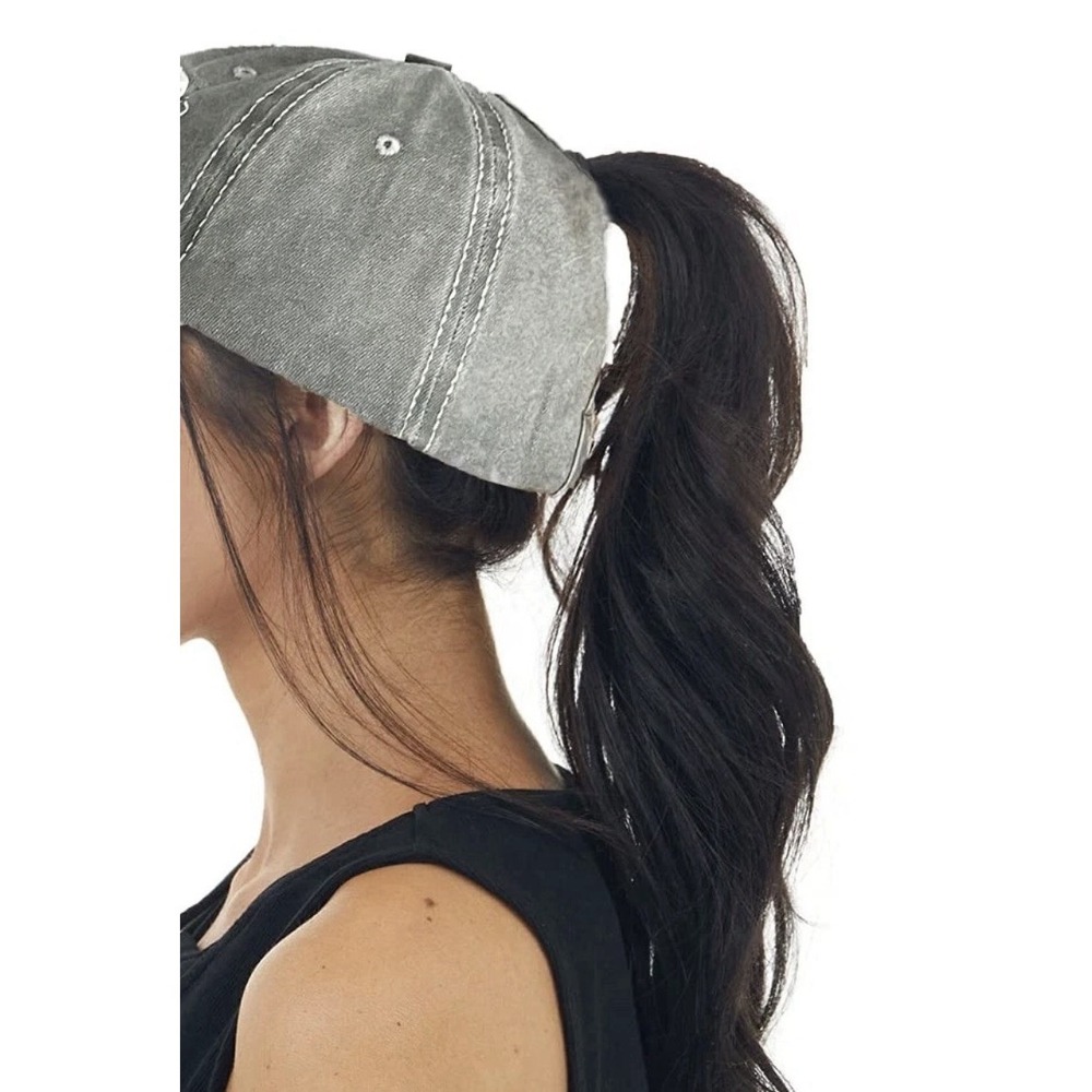 Distressed American Flag Ponytail Trucker Hat Grey White Mesh Adjustable Cap - Picture 6 of 6